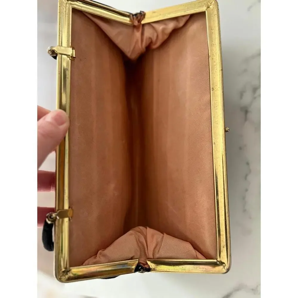 Vintage Evening Bag Clutch Gold Rhinestone Black Satin
